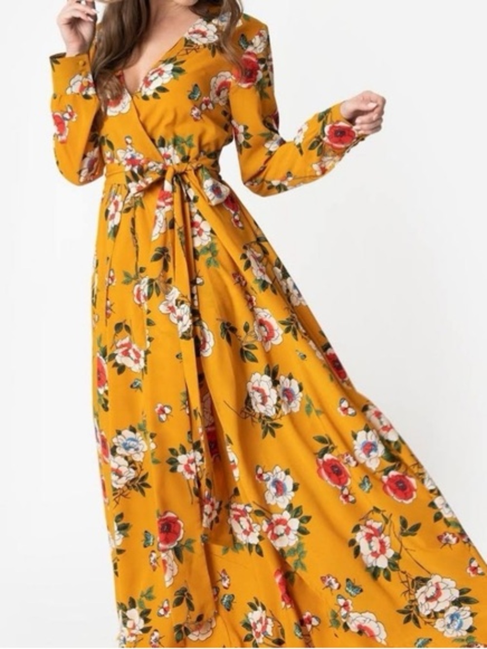 Unique Vintage Mustard Yellow Floral Wrap Maxi Dress